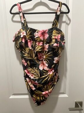 Kona Sol Black One-Piece Swimsuit with Pink & Olive Floral Print